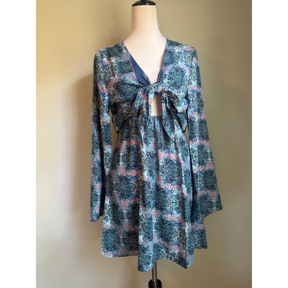 Raga Blue resort Paisley Tie Cutout Mini Dress Bell Sleeve S boho whimsi Y fairy
